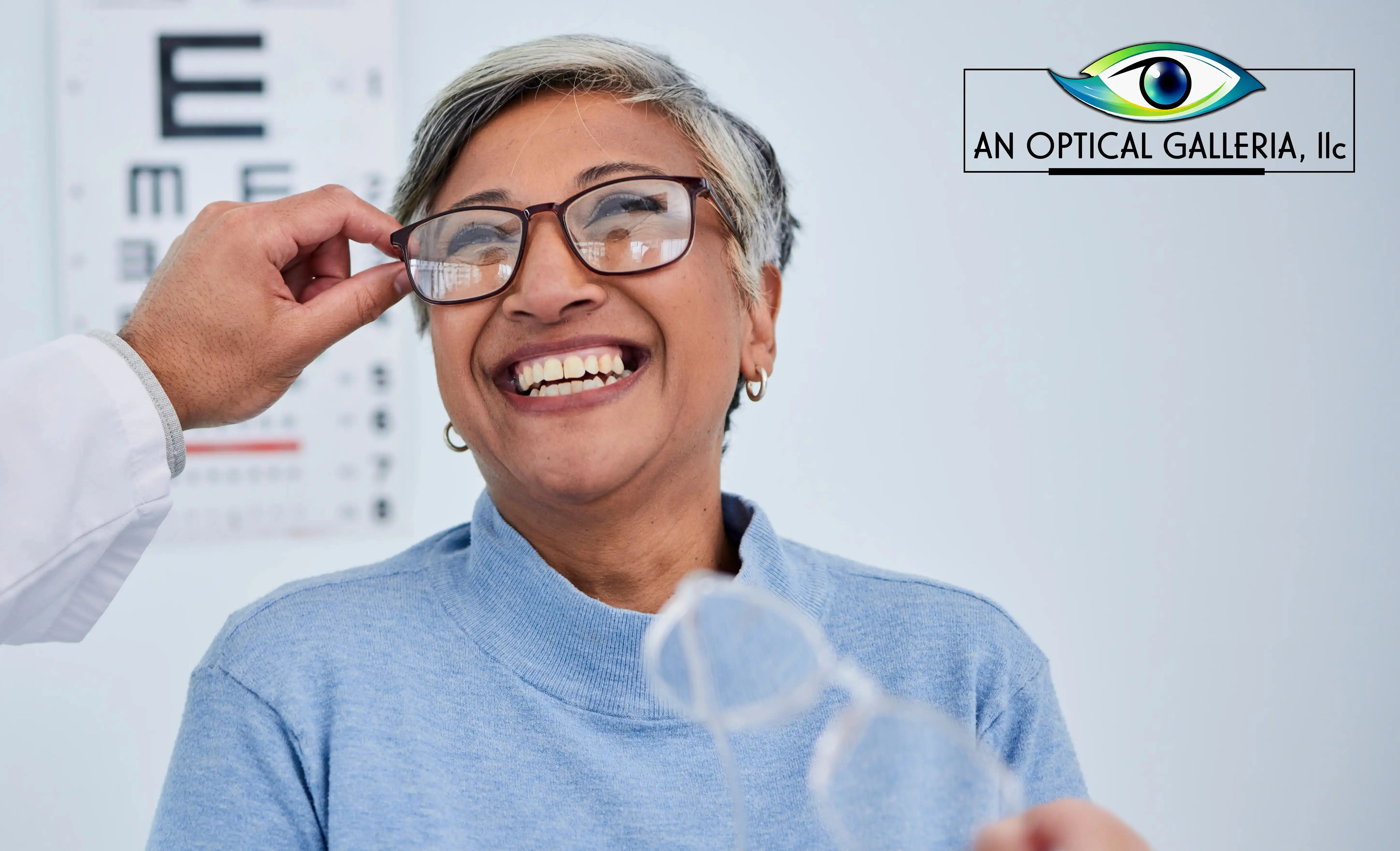 happy lady at an optical galleria getting an eye exam