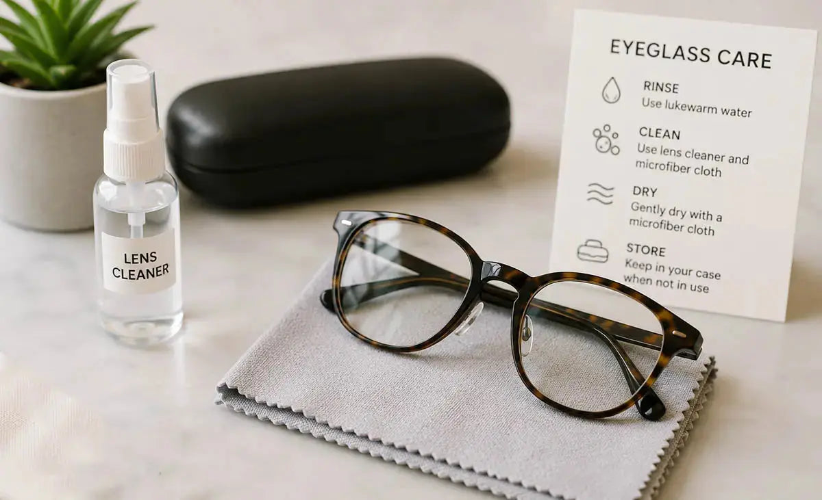 lens cleaner, eyeglasses, and how to care for your glasses card