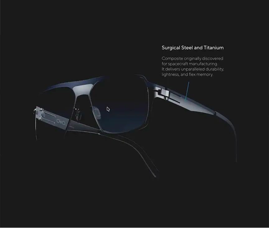 Dark metallic square sunglasses with dark lenses on a black background, with white text reading 'Surgical Steel and Titanium' and a callout pointing to the frame.