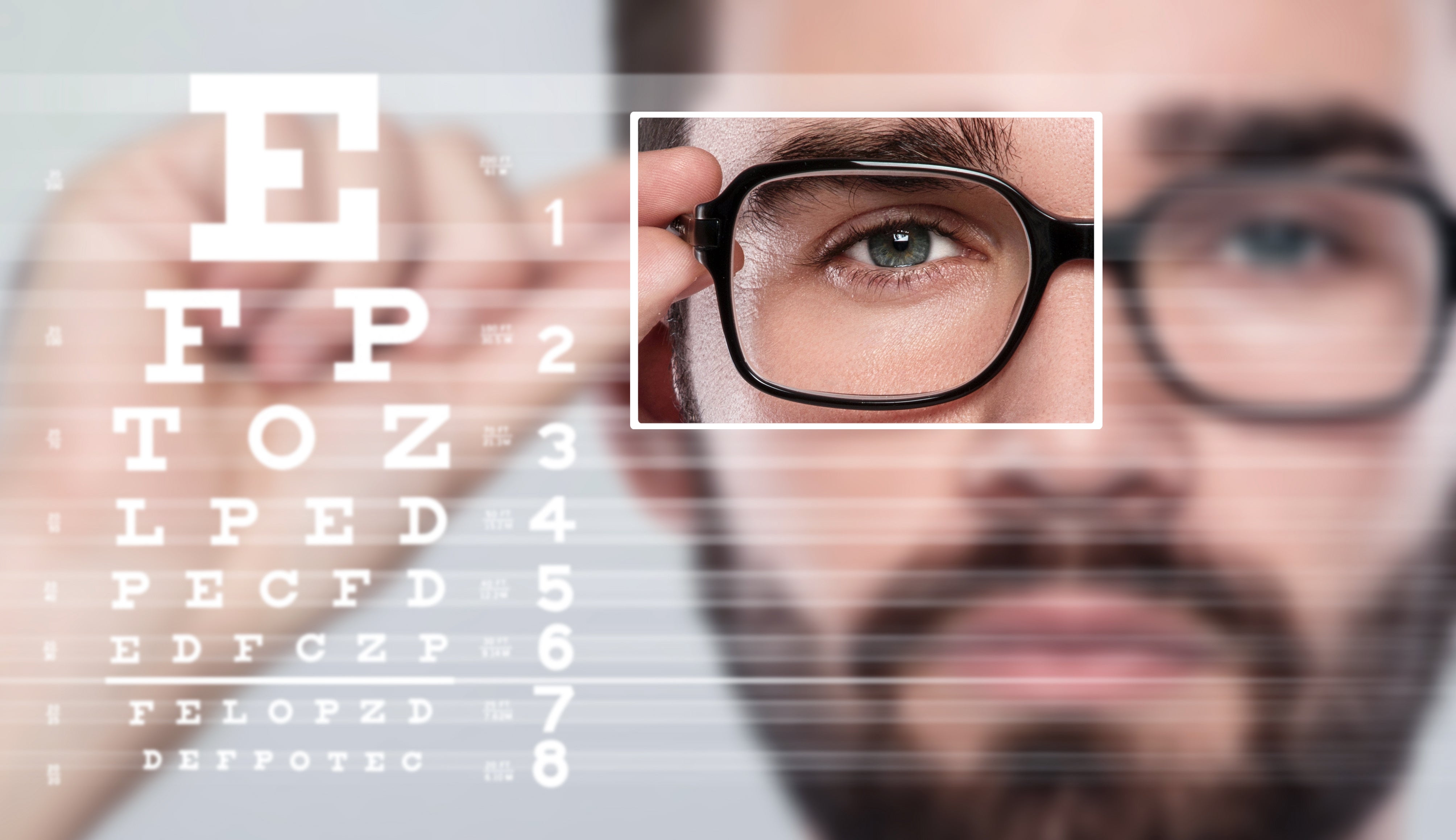 Man adjusting glasses with an eye exam chart in the foreground